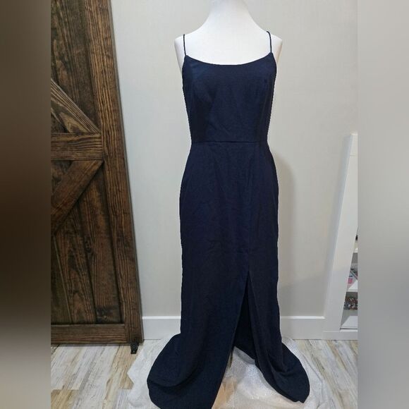 After Six 6822 Spaghetti Strap V-Back  Gown in Midnight Navy sz 6 NWOT - Picture 3 of 6